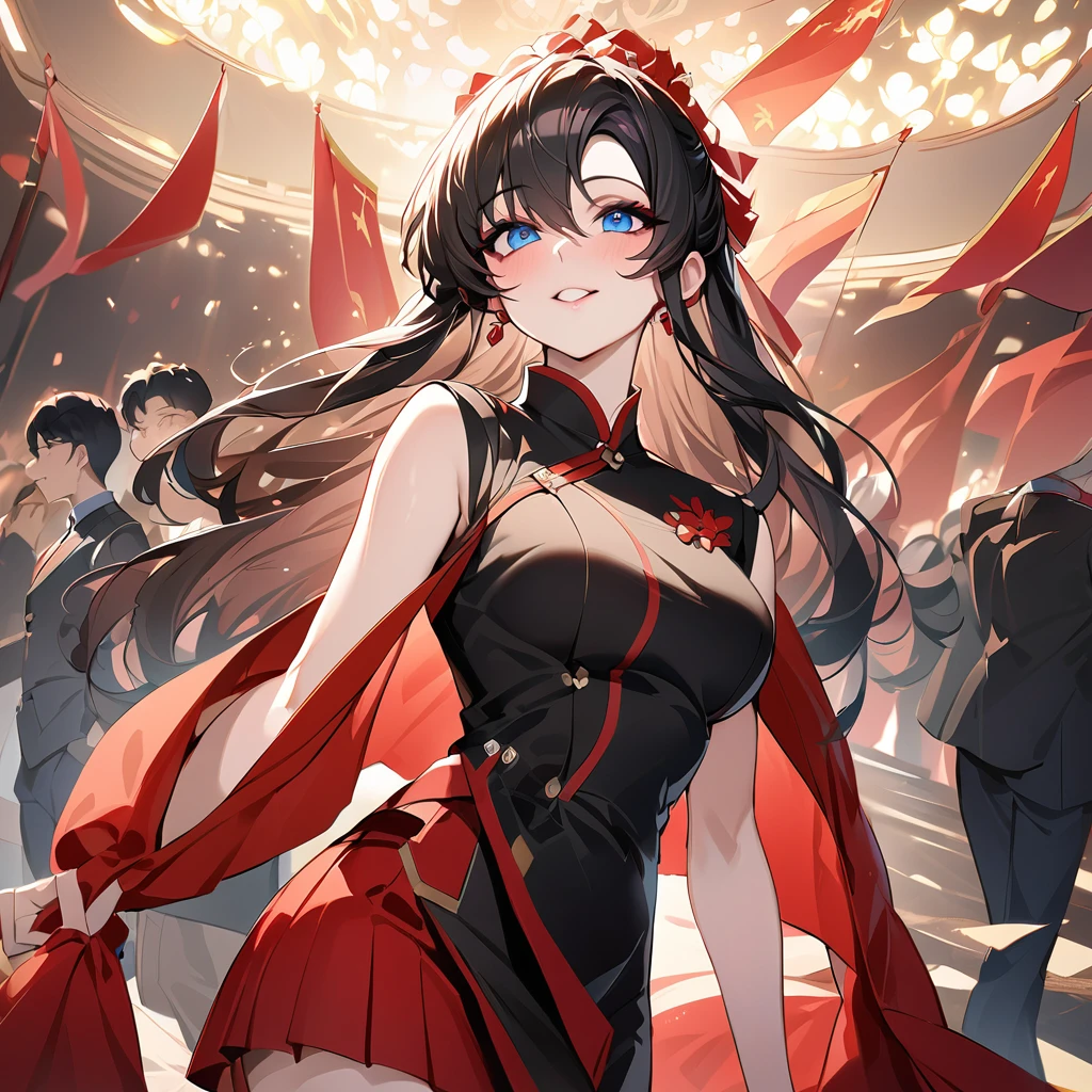 ((mejor calidad)), ((Obra maestra)), (detallado), cara perfecta, Joven de cabello negro largo y lacio, ojos rojos, pale skin, asian factions, 19 years, esbelta, busto mediano, bonitas curvas, estilo anime, elegante, only character in the image, red eyes, waiting for you, cute face, sexy, in love with the viewer, in night club, club, night, black hair, drunked, orgasm face, horny, sexy dress, dancing