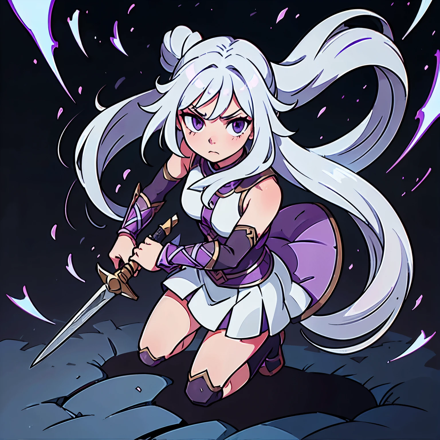 attacking with sword, woman warrior, swordsman, silver armor, white long hair, purple eyes color, action scene battle, masterpiece, anime art, front viewer, full body.