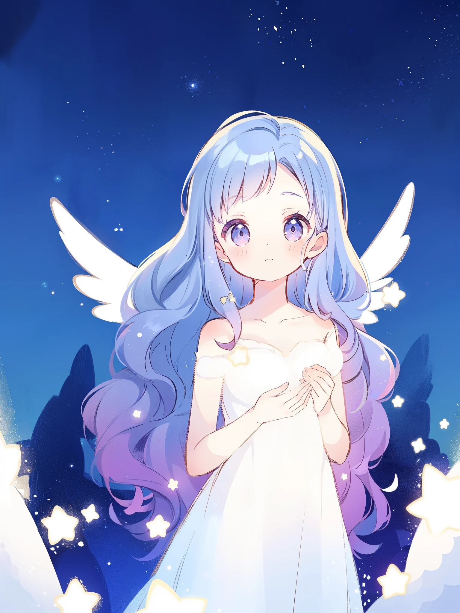 nude angel girl wearing an ethereal translucent dress, pale skin, ((wavy gradient blue purple hair)), white feathers, angel wings, sparkling detailed eyes, golden ratio face, perfect composition, highly detailed, ethereal, (starry night sky background), midjourney style