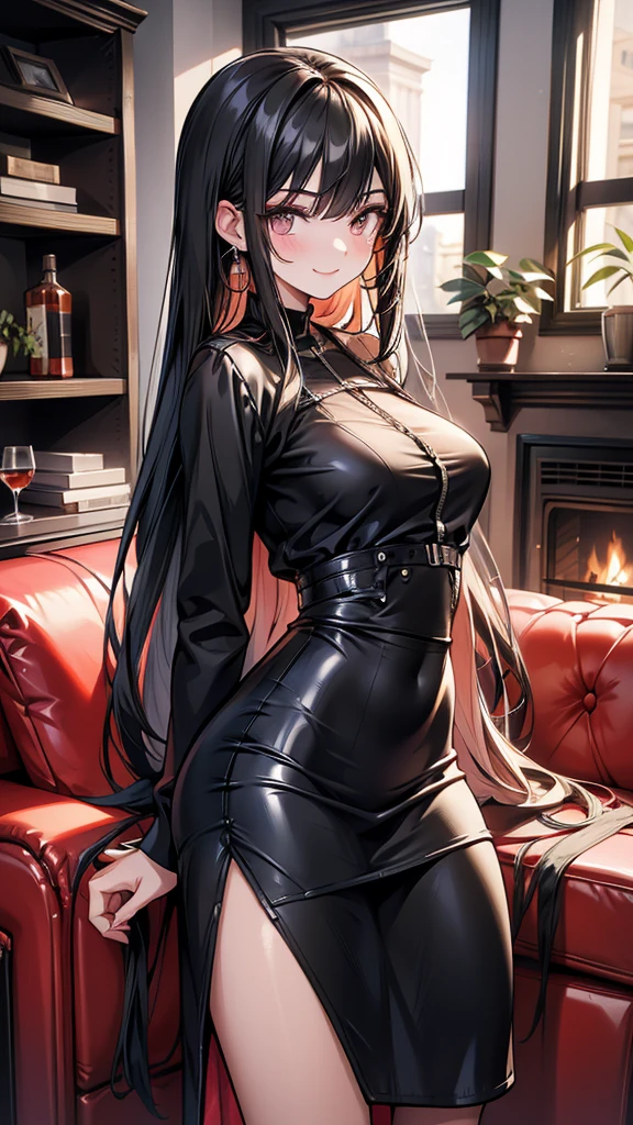 Early 20s　Adult female　Straight Long Hair　Black Hair　Long, narrow eyes　Sexy smile　Blackheads under the eyes　Recruitment Suit　Long tight skirt　living room