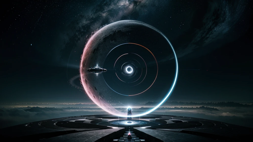 Sci-fi conceptual art, spiral Ying and Yang forces are core balancing factor of the world, wormhole, flying vehicle flying through, dark cosmos as background.