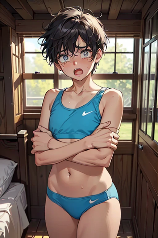 (highest quality,Cowboy shot:1.2),(perfect beautiful face:1.2),(perfect and beautiful posture:1.2),(Solo boy:1.5),(messy short cut hair), (confused:1.3,embarrassed), shyness:1.1),(Sweaty, sunburned skin),((open mouth:1.3)),Looking at viewer,bedroom,((scared expression,constricted pupils:1.3,tears)),Simple nike sports bra and Panties