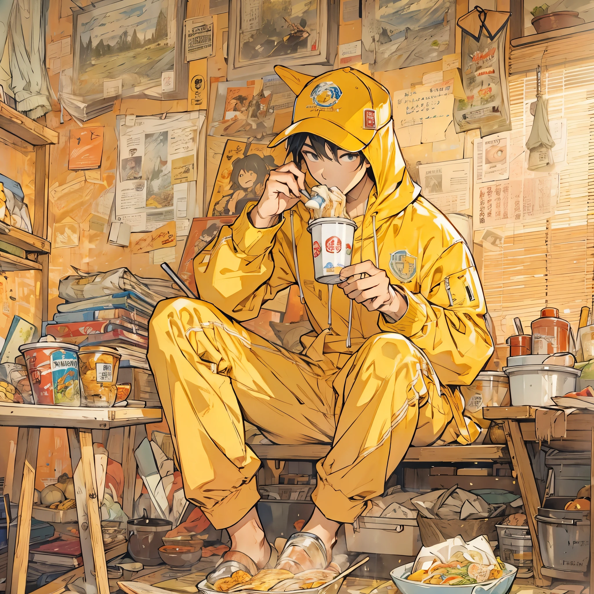 Inspired by the MBTI adventurer、A man in yellow clothes eating cup noodles in his room。Stylish and cool。