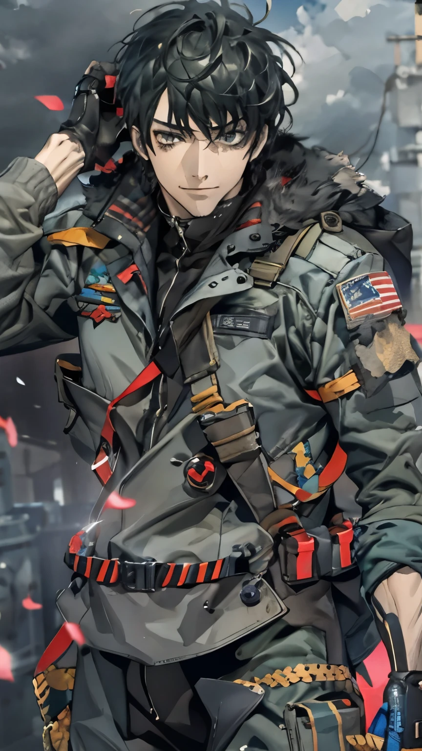 male、Army Food、For strengthening use、Ragged black hair、Dynamic pose、solo、(Stubble)、smile、Cloudy、
