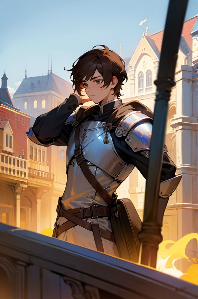 Young adult, male, Brown hair, Town Background, Knight