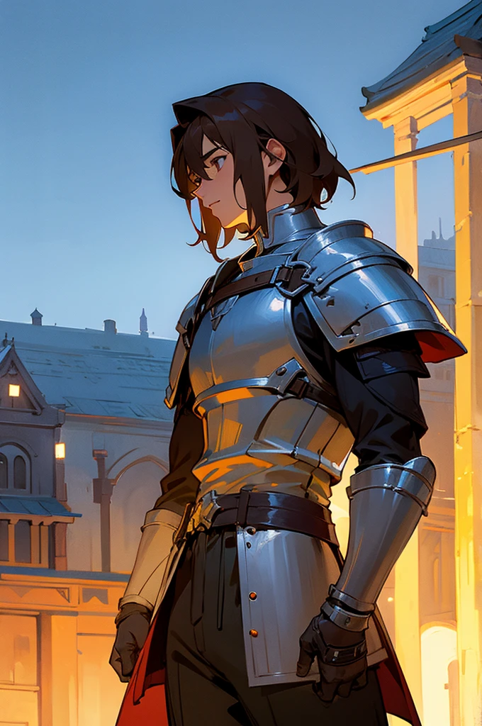 Young adult, male, Brown hair, Town Background, Knight