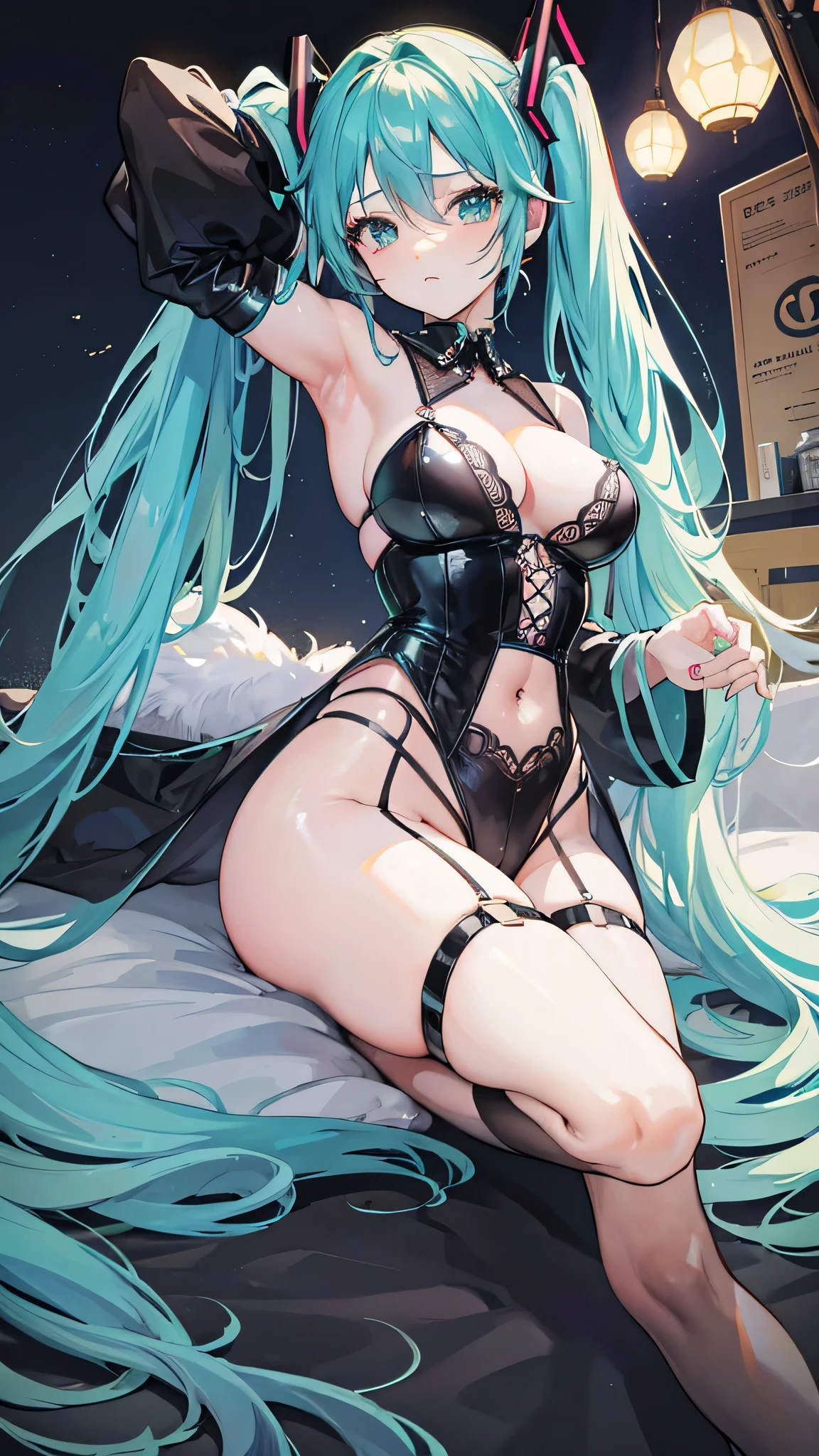 Busty woman, Hatsune Miku, corset, camel toe, gothic lingerie, castillo, pose sexy 