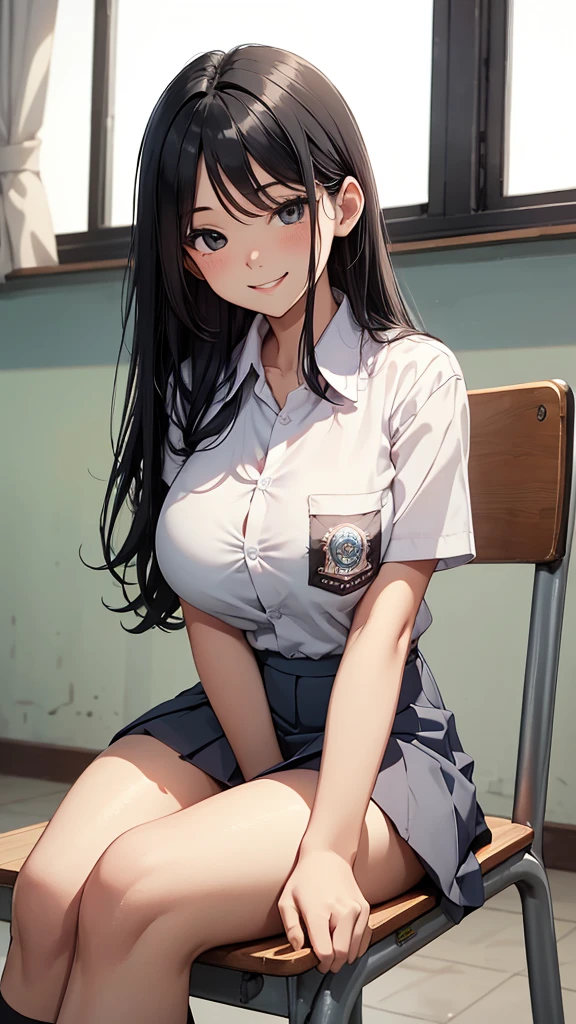 woman, , (long black hair), plump body, black eyes, Indonesian high-school uniform, (wearing transparent white shirt, showing bra), osis logo on shirt pocket, huge breasts, light-grey pleated skirt, sitting on a chair, seductive pose, full body shot, smiling, in the classroom.