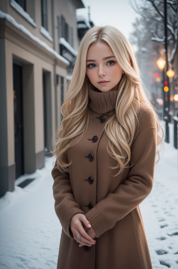 proFessional portrait photograph oF a gorgeous Norwegian girl in winter clothing with long wavy blonde hair, sultry Flirty look, gorgeous symmetrical Face, linda maquiagem natural, wearing elegante warm winter Fashion clothing, ((parado do lado de fora na rua nevada da cidade)), impressionante ambiente urbano moderno, ultra realistic, arte conceitual, elegante, Altamente detalhado, Intrincado, sharp Focus, depth oF Field, F/1. 8, 85mm, tiro médio, meio do tiro, (((proFessionally color graded))), bright soFt diFFused light, (volumetric Fog), tendências no instagram, hd 4k, 8K