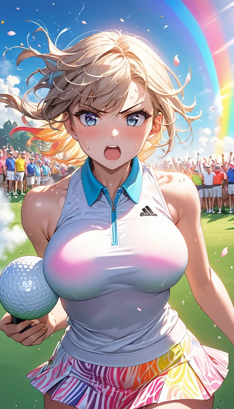 (Sports magazine cover photo), Highest quality, Great quality, 16K, Unbelievably absurd, Very detailed, delicate and dynamic, Natural light, The particles reflect light, Diffuse reflection of light, Many rainbow-colored petals fall, Beautiful field, Sparkling Sun, Diffuse reflection of light, Create amazing image effects, , Wet, sweating, golf, Hitting a Golf Ball, Close-up(Cute sexy girl, big bouncing busts, Sensual expression, Cool girl, Serious, passion, Dynamic, Flashy golf wear, ,audience , much-air-laden cheer)