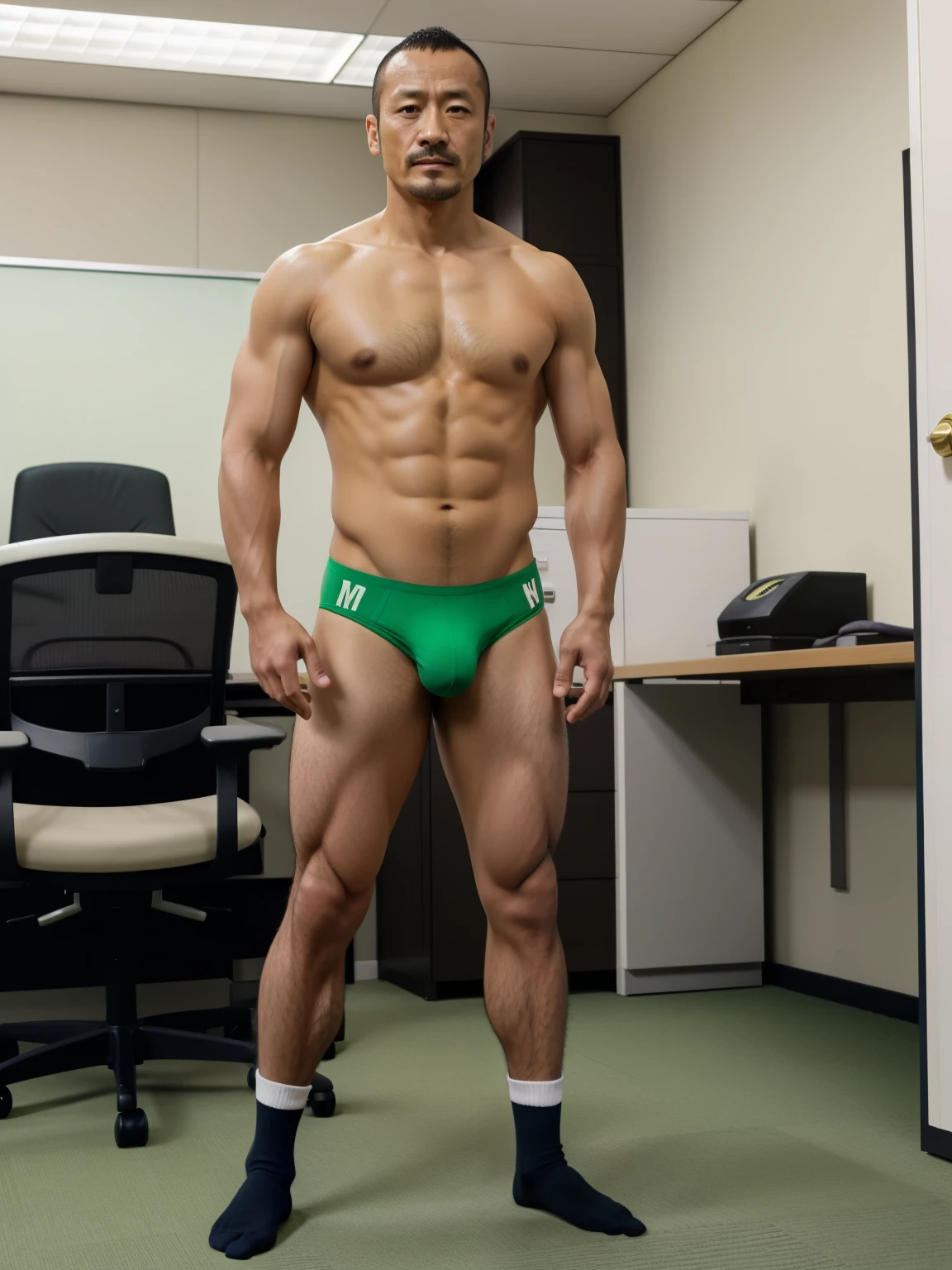 40 years old,Hidetoshi Nakata,(Kogoro Mori 1.3),whole body,Lean,muscle,office,Green socks,foot,Standing,Baldhead ,transparent,Thick body hair,underwear,Topless,Densely hairy,Fortitude,HD,With a mustache