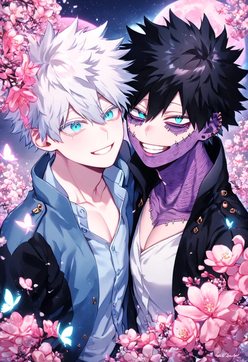 absurdres, highres, ultra detailed, HDR, master piece, best quality, extremely detailed face, delicated features, Dabi, black hair, expressive turquoise eyes, Boku No Hero Academia, Gojou Satoru, white hair, expressive blue eyes, white eyelashes, two sexy men together, yaoi, gay couple, handsome, smiling, light-blue jacket with fur, black coat, fantasy, fantasy, magical, radiant, pink butterflies, pink flowers, night sky, shinning pink moon, blossoms