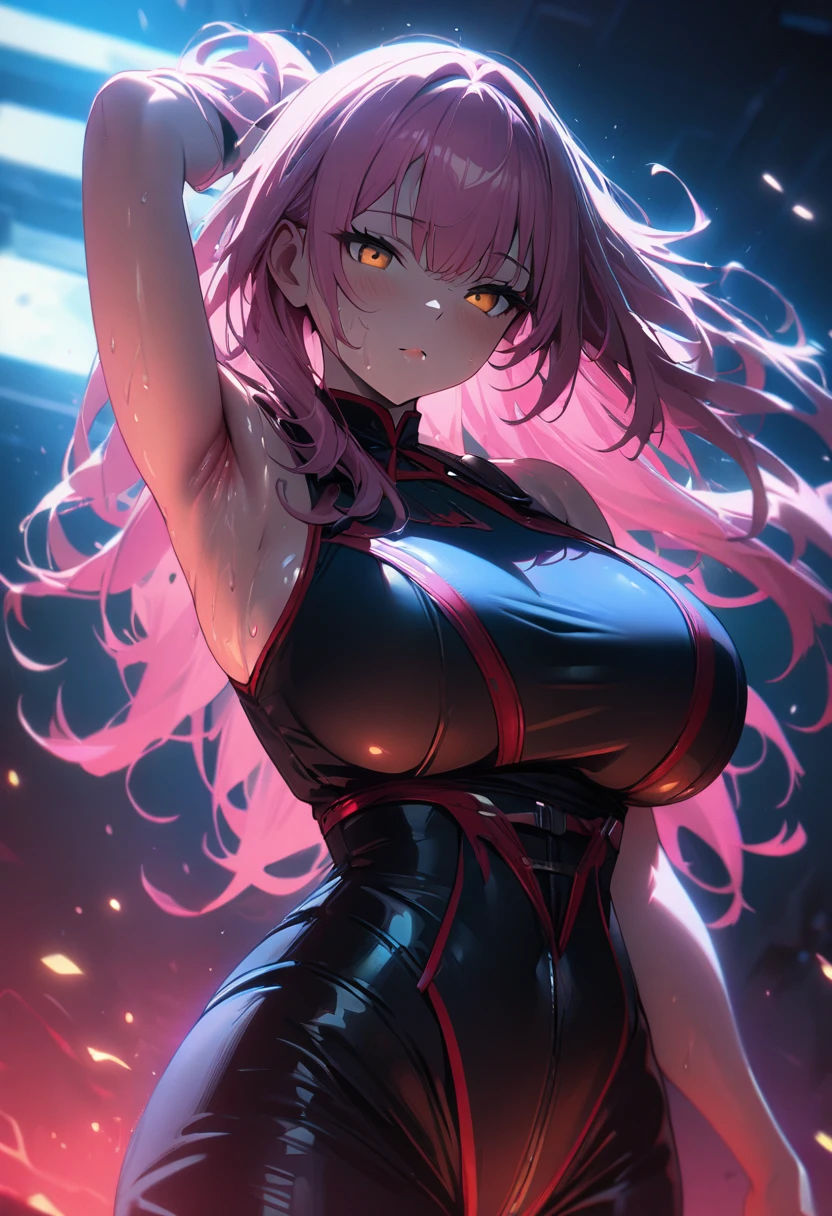 1 Girl,Extra large breasts, Pink Hair,Golden Eyes,Cold staring,Long hair, Body curves, (best quality,4K,high resolution,masterpiece:1.2),Extremely detailed, Dramatic Lighting,Vibrant colors,Movie, Thunder General Outfit, Armpit sweating, Bright skin