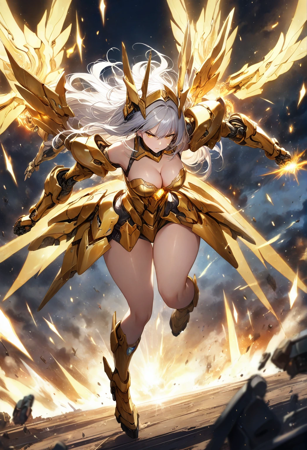 score_9_up, score_8_up, score_7_up, source_anime,masterpiece, best quality, high resolution, extremely detailed CG, absurdres, highres, 1girl, solo, a mecha girl in golden armor with glowing mecha_wings fights at battlefield, ((body surrounded by yellow Battle Aura and lighting)), wings of light, long hair, white_hair, glaring, cleavage, thighs, off-shoulder, (((Shining Armor, glittering Armor))),((mecha wings)), headgear, flying, blue sky, full body, from below, Futuristic, ((aura,Battle Aura, lighting),good_hands,DonMF145h1n6XL