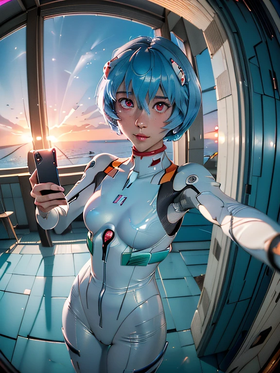 (((ayanami rei))),1girl,solo,(masterpiece,best quality, official art, beautiful and aesthetic:1.2),(ultra high res, (4k),beach,good lighting, (photon mapping, radiosity, physically-based rendering,automatic white balance), technological sense,Amazing,sharp focus,rich background, (((high detailed skin,)))dynamic lighting,intricate detailed outfit,kawaii,watery eyes,((short hair,))deadpan, skiny,  turtle neck, body suit, mechs,(masterpiece sidelighting),(bishoujo,lustrous),(sky blue hair,pink eyes,）[[delicate fingers and hands:0.55]::0.85],(detail fingers),((((fisheye,selfie)))),incredibly absurdres,micro shot,focus on face,sunset, (aesthetics and atmosphere:1.2), FilmGirl