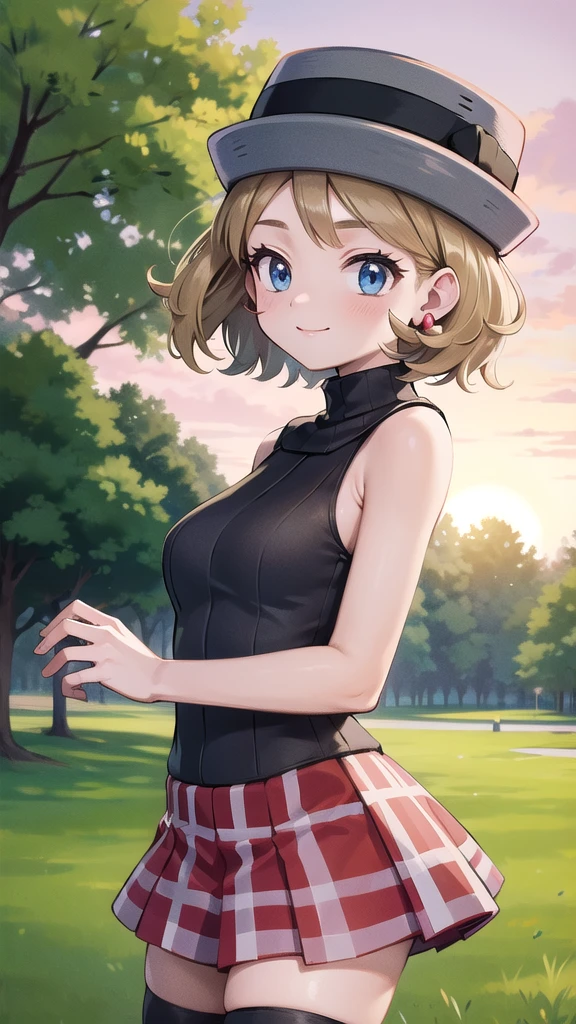 Masterpiece, perfect lighting, (beautiful, Best quality: 1.3), Perfect eyes, perfect anatomy, absurd, 8k, ccserena, solo, short hair, smile, in loved, (gray hats: 1.2), earrings, eyelashes, blue eyes, gray sweater, vest , sleeveless turtleneck, bare arms, plaid skirt, red skirt, thigh highs, black stockings, with arms wide open, in the park at sunset