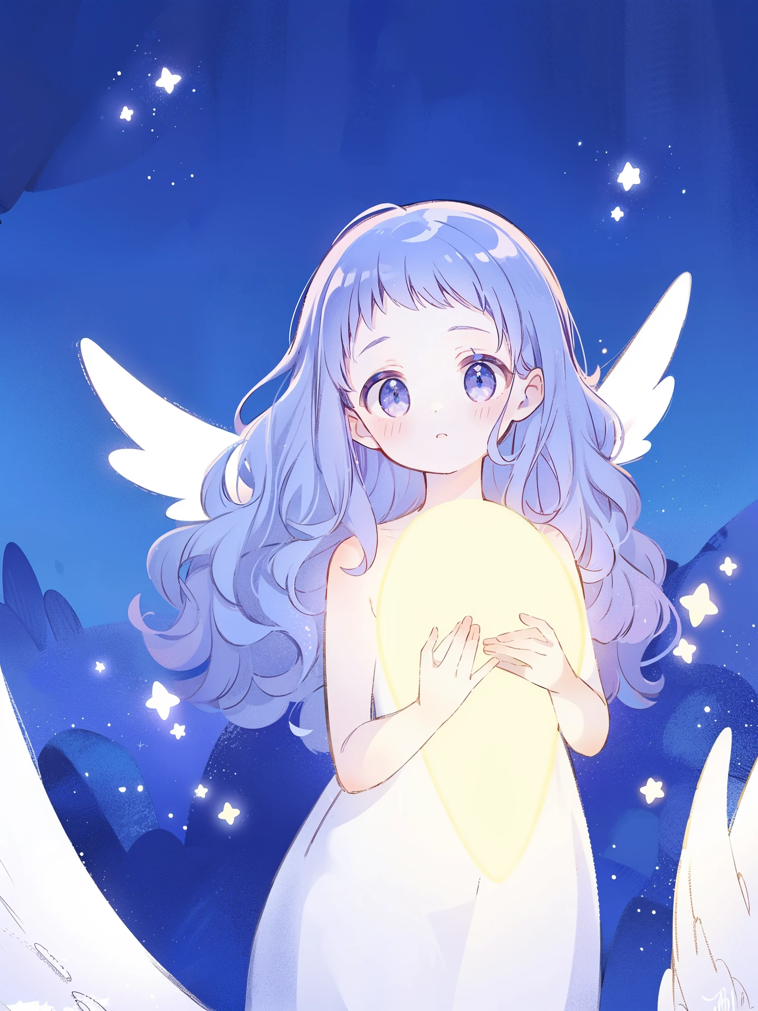 nude angel girl wearing an ethereal translucent dress, pale skin, ((wavy gradient blue purple hair)), white feathers, angel wings, sparkling detailed eyes, golden ratio face, perfect composition, highly detailed, ethereal, (starry night sky background), midjourney style