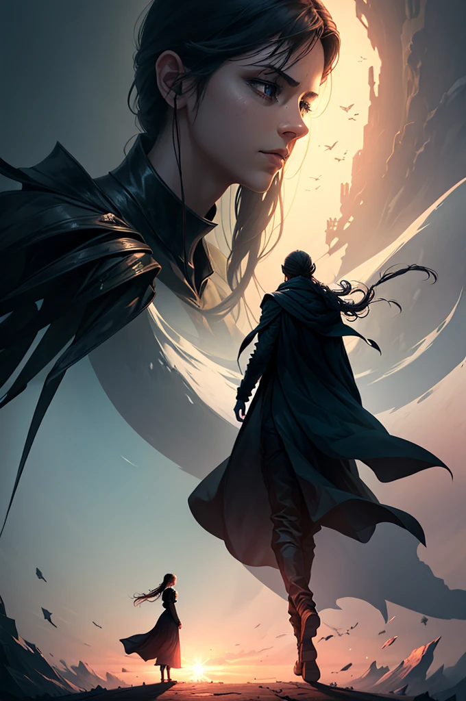 "Create a visually striking artwork that depicts a pivotal moment where a human stands at a crossroads, representing the decision of their fate. One path leads to a bright, hopeful future, while the other descends into a shadowy, uncertain realm. Incorporate elements of symbolism and emotion to illustrate the weight of choice and its impact on destiny. The scene should evoke a sense of both tension and possibility."