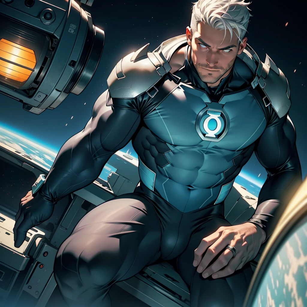 An award-winning original photo, A wild muscular man, (30 years old man:1.3), 1boy, Solo, (wearing a (silver lantern) metal suit), (glowing silver ring on a finger), spikes, neon stripes, white hair, (big shoulder), muscular, hunk, stubbles, Short beard, (Detailed face:1.3), (beautiful eyes:1.2), Dynamic Angle, volumetric lighting, (Best quality, A high resolution, Photorealistic), Cinematic lighting, Masterpiece, RAW photo, Intricate details, hdr, depth of field, knee-up shot, in space background, beautiful cosmos, energy strands around body, big bulge