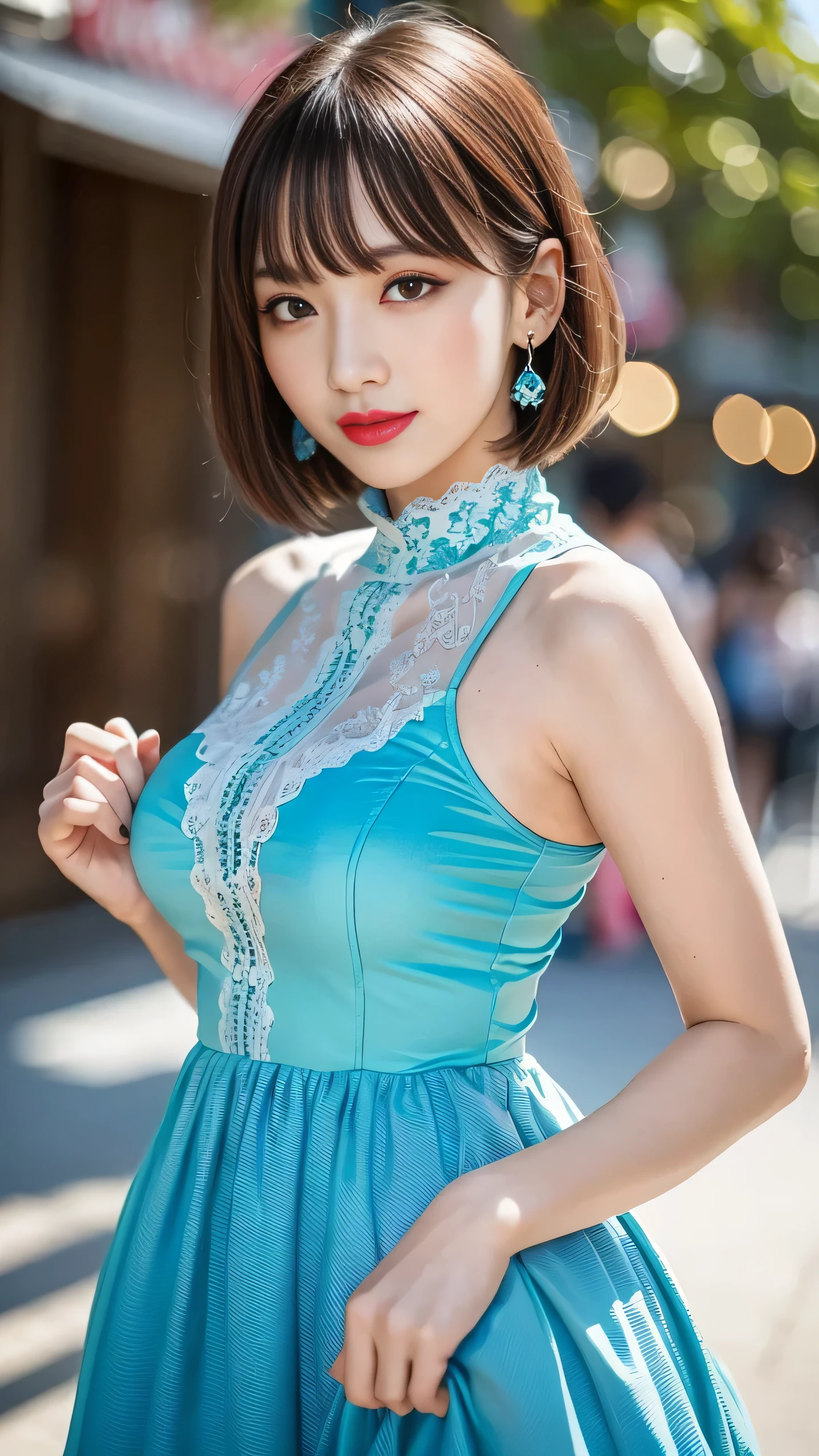 a woman posing on the street corner with light Blue clothes on, Highest quality,、1people, Big Breasts, Day, bright, Blur the background, Bokeh, Outdoor, (street:0.8), (people々々, crowd:1), (Lace Trim Dresses:1.5, Sleeveless dress, light Blue clothes, Light blue high neck dress:1.2, Blue clothes: 1.5), Nice, (short hair, amount:1.2), 、Beautifully detailed skies, Earrings, (Dynamic pose:1.2), Soft lighting, Wind, Glowing Skin, (、smile, Looking at the camera、Bob Cut Hairstyles、Light brown hair、,(eye shadow:1.2),(eyeliner:1.2),(mascara:1.2),(Red cheeks:1.2),(sexy lipstick:1.2),K-POPアイドル、idol carving、Cowboy Shot、(((Girl)))