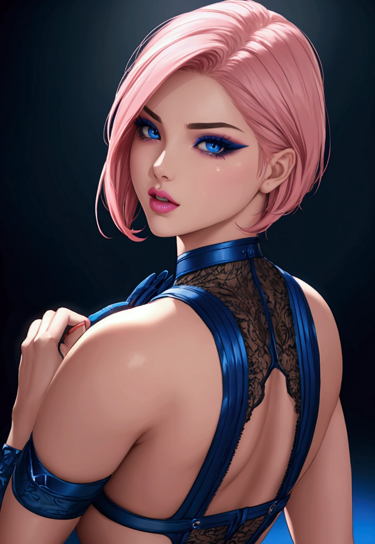 (Canon 50),(Rendered by octane),8k, seducer, symmetrical face, Dramatic cinematic lighting, (very strong blue lighting from behind), (light orange glow on the left side, Dramatic +2, hyper realist, spirited, very sexy pose. 1womanl, detail on the face, Focus on the face, straight short hair, bangss, hyperrealistic eyes, blue color background, highlight on lips that show fissures, lips with pink lipstick, half-open mouth showing part of the tooth. Black lined eye makeup.