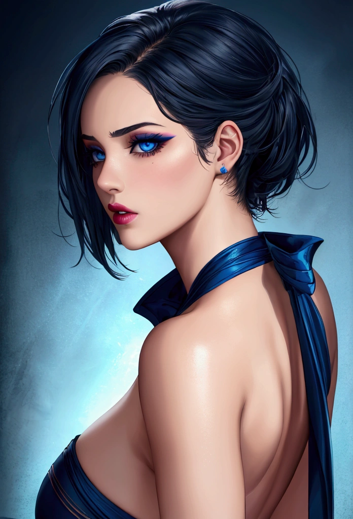 Portrait of a sultry mature woman with blue-themed lighting, gazing confidently at the viewer from a side angle. She's a bad girl with l and an alluring allure.