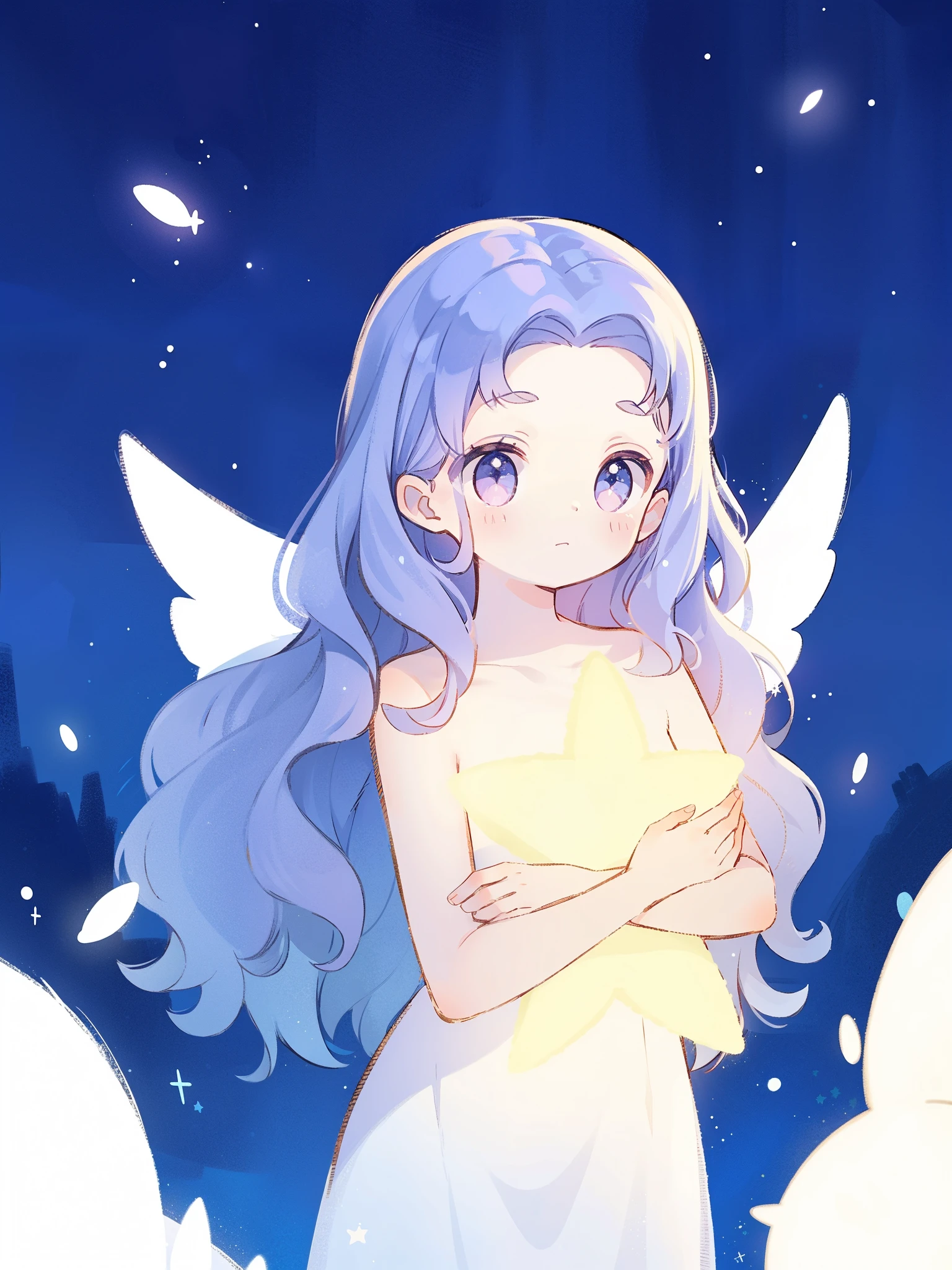 nude angel girl wearing an ethereal translucent dress, pale skin, ((wavy gradient blue purple hair)), white feathers, angel wings, sparkling detailed eyes, golden ratio face, perfect composition, highly detailed, ethereal, (starry night sky background), midjourney style