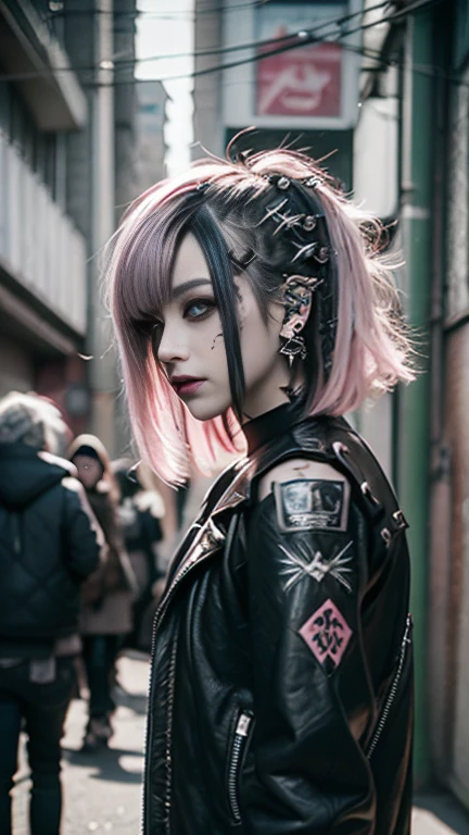 Mohawk、、goth、(Tabletop), (Portraiture), (beautiful), (beautiful), (Upper blood), (high quality), (beautiful clothes), (Professional Perspective), (Rule of thirds), (feminine), (woman), (beautiful),(feminine features), (Age 25), alone, woman1, (Attractive punk girl), Winters, Dramatic Light,), anddgy makeup, (Small breasts), , (front), (Resistance-like expression), ((Resistance)), (Leather jackets and tattoos), ((Short hair)), (dyed (and.g. and pink) hair), (spiky hair), (Thick hair), Matte shine hair, (Hair bands scattered in the hair), (green eyes), (A bold and daring look), (Pale skin), (Dark clothing), (Band T-shirts), (Ripped jeans), (-), Crew neck), ((Urban alley background)), (Close-up shot), beautiful hands, both hands, normal hand, Two Arms, Complete Hand, beautiful body, beautiful fingers, normal finger, Five Fingers, Five Fingers, (Thumb Index Finger Ring Finger), beautiful ears, Normal ear, beautiful eyes, Shining Eyes, beautiful mouth, beautiful lips,