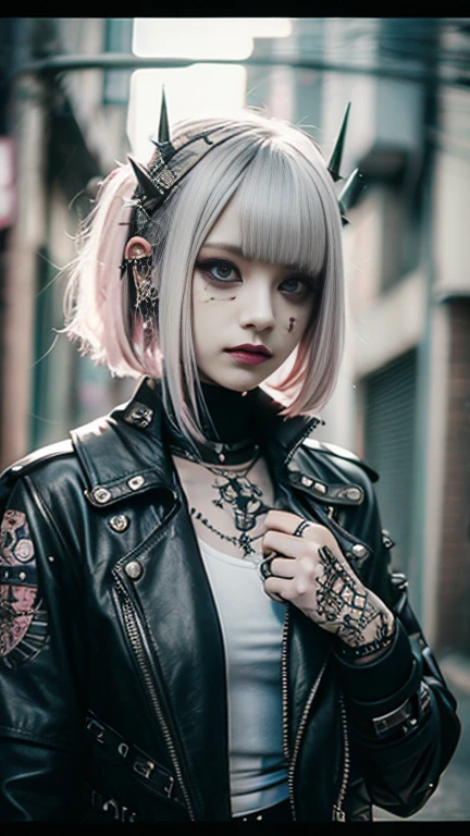 Mohawk、、goth、(Tabletop), (Portraiture), (beautiful), (beautiful), (Upper blood), (high quality), (beautiful clothes), (Professional Perspective), (Rule of thirds), (feminine), (woman), (beautiful),(feminine features), (Age 25), alone, woman1, (Attractive punk girl), Winters, Dramatic Light,), anddgy makeup, (Small breasts), , (front), (Resistance-like expression), ((Resistance)), (Leather jackets and tattoos), ((Short hair)), (dyed (and.g. and pink) hair), (spiky hair), (Thick hair), Matte shine hair, (Hair bands scattered in the hair), (green eyes), (A bold and daring look), (Pale skin), (Dark clothing), (Band T-shirts), (Ripped jeans), (-), Crew neck), ((Urban alley background)), (Close-up shot), beautiful hands, both hands, normal hand, Two Arms, Complete Hand, beautiful body, beautiful fingers, normal finger, Five Fingers, Five Fingers, (Thumb Index Finger Ring Finger), beautiful ears, Normal ear, beautiful eyes, Shining Eyes, beautiful mouth, beautiful lips,