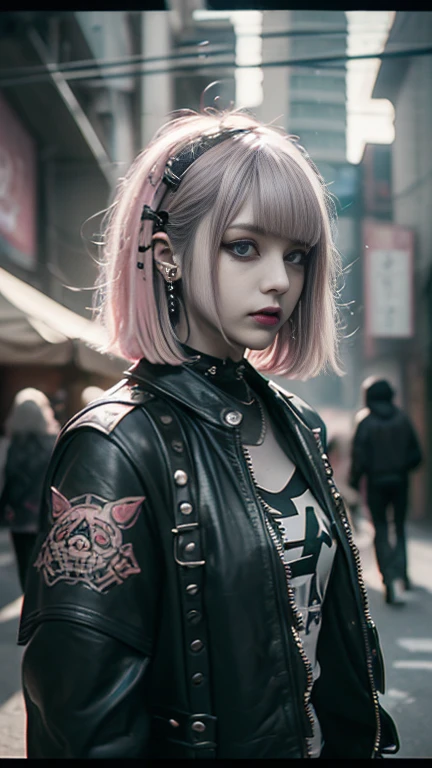 Mohawk、、goth、(Tabletop), (Portraiture), (beautiful), (beautiful), (Upper blood), (high quality), (beautiful clothes), (Professional Perspective), (Rule of thirds), (feminine), (woman), (beautiful),(feminine features), (Age 25), alone, woman1, (Attractive punk girl), Winters, Dramatic Light,), anddgy makeup, (Small breasts), , (front), (Resistance-like expression), ((Resistance)), (Leather jackets and tattoos), ((Short hair)), (dyed (and.g. and pink) hair), (spiky hair), (Thick hair), Matte shine hair, (Hair bands scattered in the hair), (green eyes), (A bold and daring look), (Pale skin), (Dark clothing), (Band T-shirts), (Ripped jeans), (-), Crew neck), ((Urban alley background)), (Close-up shot), beautiful hands, both hands, normal hand, Two Arms, Complete Hand, beautiful body, beautiful fingers, normal finger, Five Fingers, Five Fingers, (Thumb Index Finger Ring Finger), beautiful ears, Normal ear, beautiful eyes, Shining Eyes, beautiful mouth, beautiful lips,