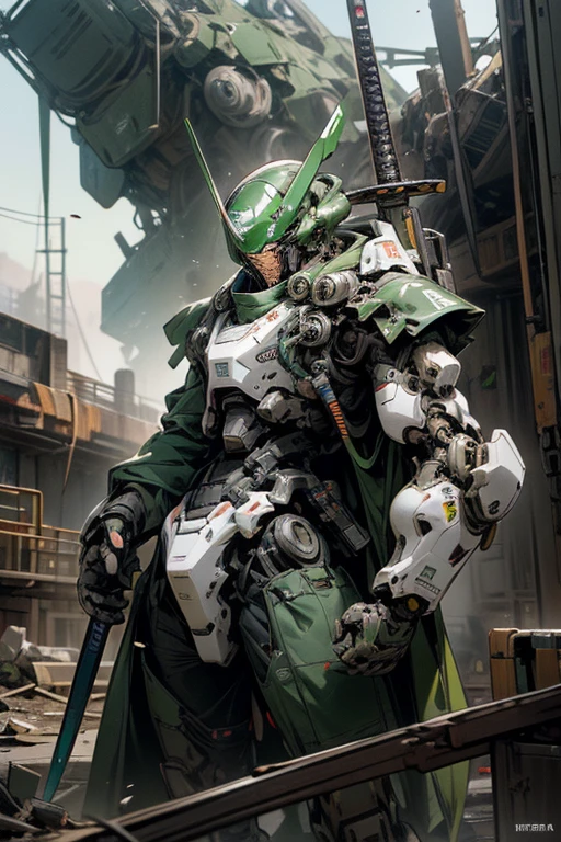HERO robot,meca,droid,heaby armor massive,human_not,anime style,holding_sword,masterpiece,masterpiece,best quality,super detailed,super fine illustration,8k,industry meca design,green color,giant size.Break in battlefield,煙,destroyed building,detailed background,Break the robot conflict with enemy.