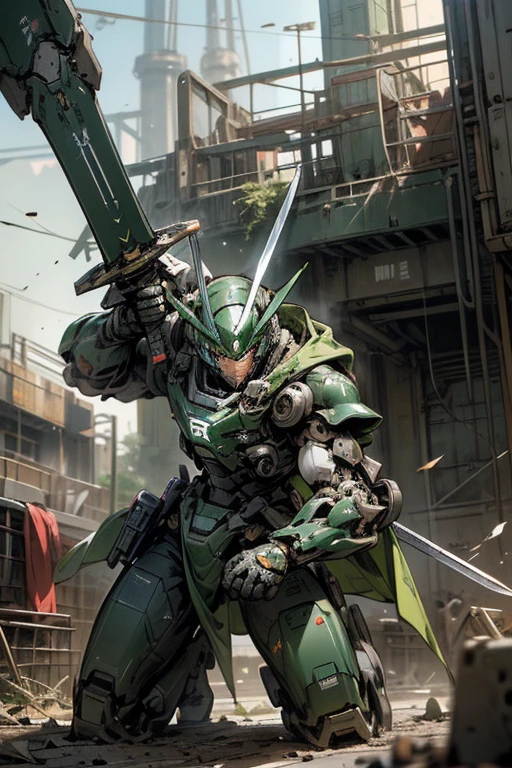 HERO robot,meca,droid,heaby armor massive,human_not,anime style,holding_sword,masterpiece,masterpiece,best quality,super detailed,super fine illustration,8k,industry meca design,green color,giant size.Break in battlefield,煙,destroyed building,detailed background,Break the robot conflict with enemy.