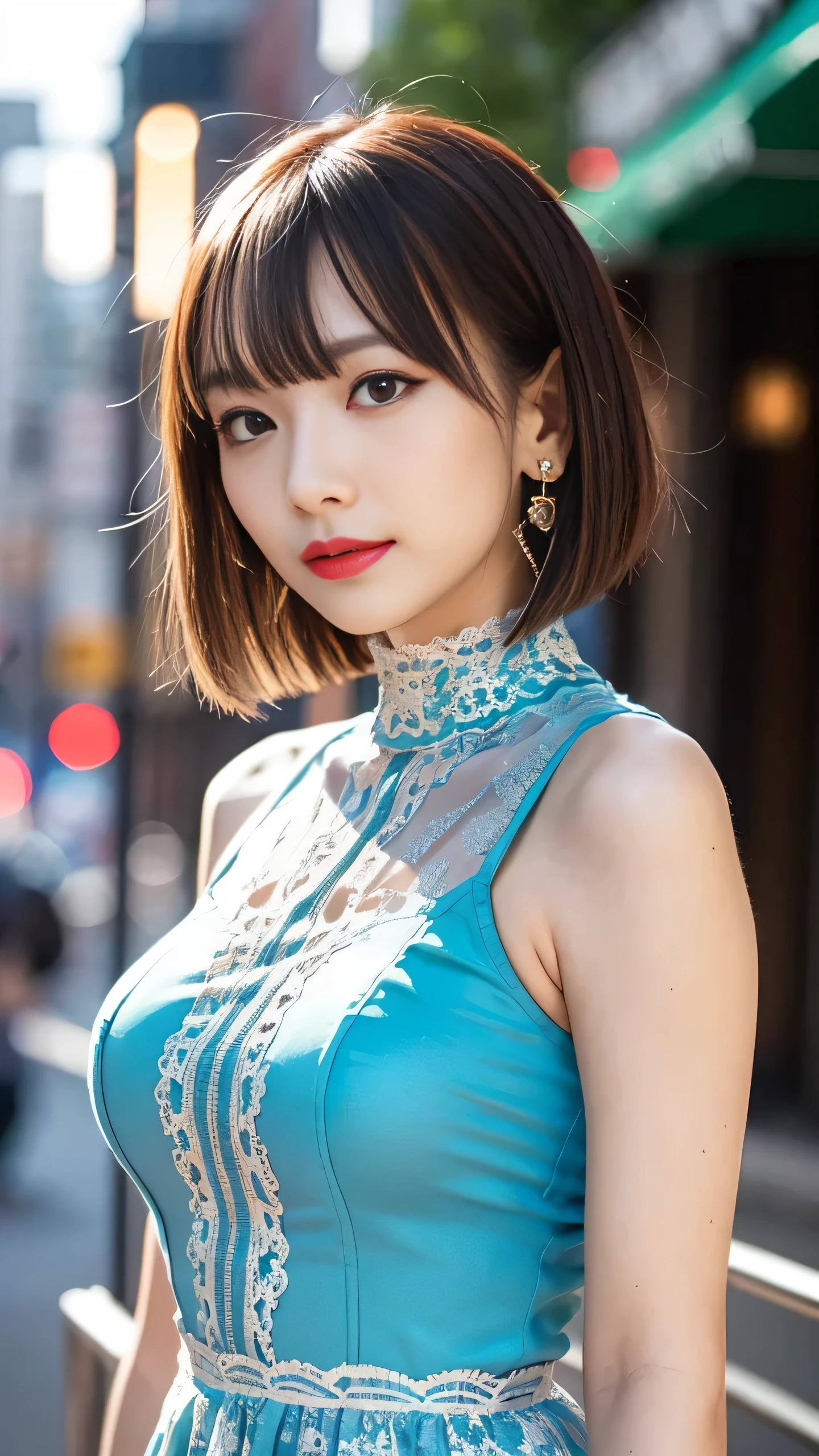 a woman posing on the street corner with light Blue clothes on, Highest quality,、1people, Big Breasts, Day, bright, Blur the background, Bokeh, Outdoor, (street:0.8), (people々々, crowd:1), (Lace Trim Dresses:1.5, Sleeveless dress, light Blue clothes, Light blue high neck dress:1.2, Blue clothes: 1.5), Nice, (short hair, amount:1.2), 、Beautifully detailed skies, Earrings, (Dynamic pose:1.2), Soft lighting, Wind, Glowing Skin, (、smile, Looking at the camera、Bob Cut Hairstyles、Light brown hair、,(eye shadow:1.2),(eyeliner:1.2),(mascara:1.2),(Red cheeks:1.2),(sexy lipstick:1.2),K-POPアイドル、idol carving、Cowboy Shot、(((Girl)))