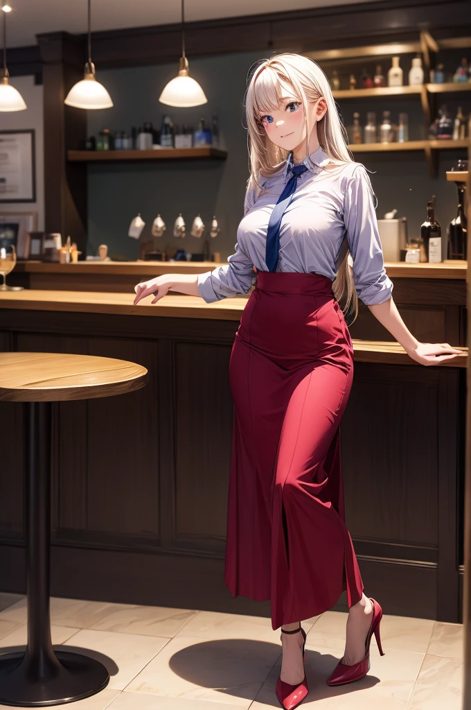 (masterpiece:1.3),(best quality, highest quality),((Full Body Shot,Including face)),girl2s,4K,masterpiece,((Focus on the face)),((Symmetrical facial features)),Beautiful woman,(slender),((High heels)),Detailed depiction of the face, Cafe clerk ,In front of the bar counter,profile,Long skirt,slenderな女性,Cafe uniform,Age 25