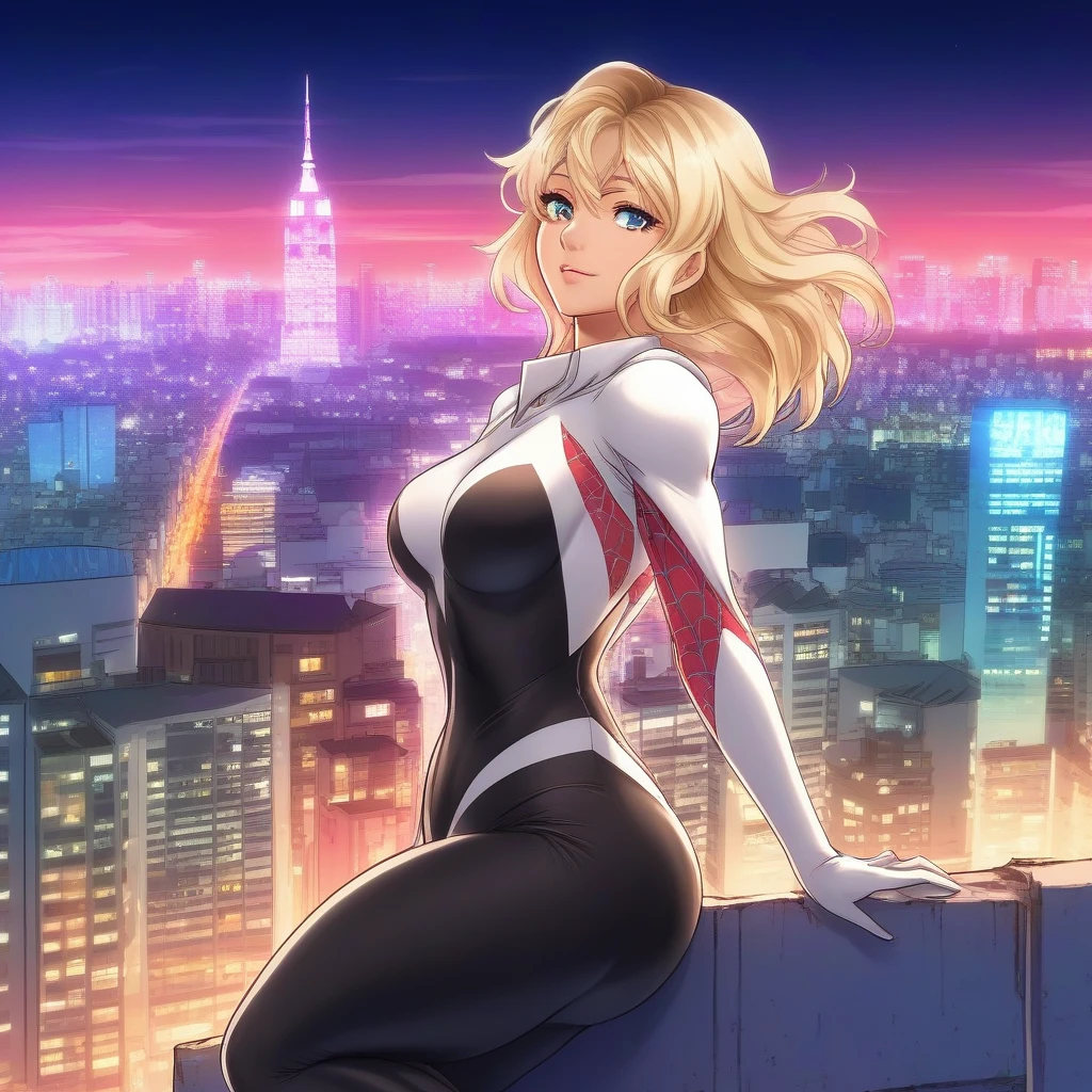 anime artwork a full body blond woman wears a bodysuit on top of a building, night, city lights background  . anime style, key visual, vibrant, studio anime,  highly detailed,grabbing your own ass