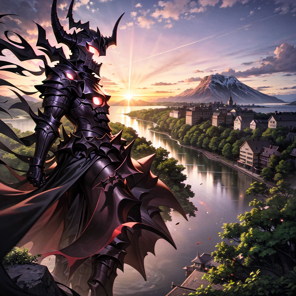 monster, black armor, helmet with horns, red glowing, blue sky, bridge, building, bush, city, cityscape, cliff, closed mouth, cloud, cloudy sky, day, field, forest, grass, hill, horizon, house, island, lake, landscape, looking at viewer, mountain, mountainous horizon, nature, ocean, outdoors, palm tree, pine tree, plant, realistic, river, road, rock, scenery, sky, skyscraper, solo, tree, water, waterfall