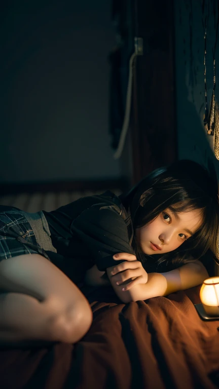 (((full body))), (((10 year old girl))), (((in dark cabin at night))), (((tired girl lying on back on bed))), (((trainer and super mini skirt))), Japanese, cute, dark hair, bobbed hair, (((faint lamp lighting))), straight face, no smile, uneasy expression, (((horror movie scene))) horror movie scene, horror drama, high resolution, detailed drawing, award-winning, highest resolution, realistic, raw photo, 8K wallpaper