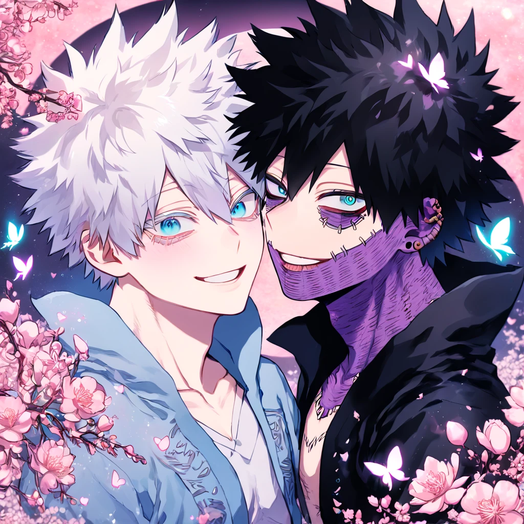 absurdres, highres, ultra detailed, HDR, master piece, best quality, extremely detailed face, delicated features, Dabi, black hair, expressive turquoise eyes, Boku No Hero Academia, Gojou Satoru, white hair, expressive blue eyes, white eyelashes, two sexy men together, yaoi, gay couple, handsome, smiling, light-blue jacket with fur, black coat, fantasy, fantasy, magical, radiant, pink butterflies, pink flowers, night sky, shinning pink moon, blossoms
