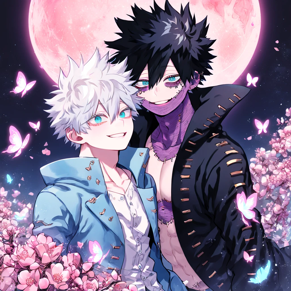 absurdres, highres, ultra detailed, HDR, master piece, best quality, extremely detailed face, delicated features, Dabi, black hair, expressive turquoise eyes, Boku No Hero Academia, Gojou Satoru, white hair, expressive blue eyes, white eyelashes, two sexy men together, yaoi, gay couple, handsome, smiling, light-blue jacket with fur, black coat, fantasy, fantasy, magical, radiant, pink butterflies, pink flowers, night sky, shinning pink moon, blossoms