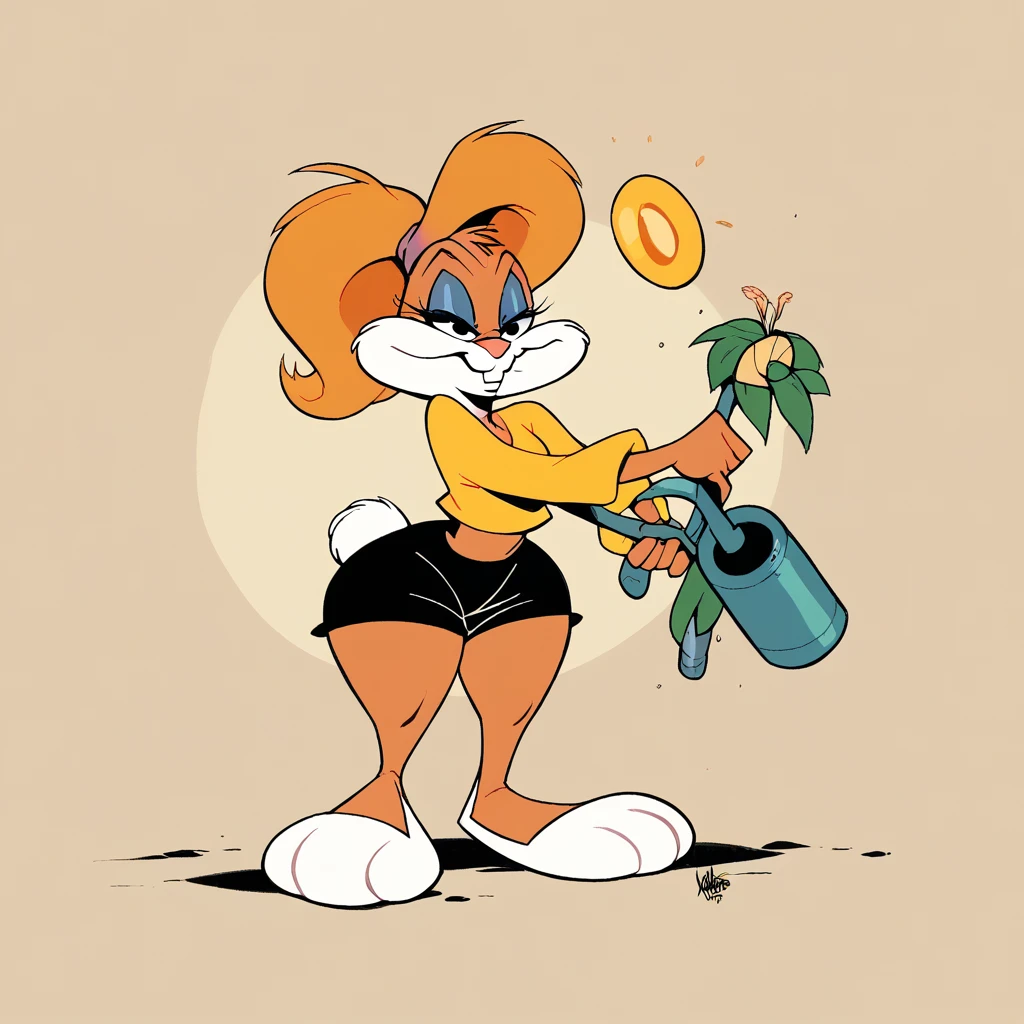 Babs bunny, in the cyberworld, at the cyberbeach, wearing black shorts, daffy duck in the scene, has thick thighs, curved smiling, chuck jones style, 80s hybrid eary cgi technology,