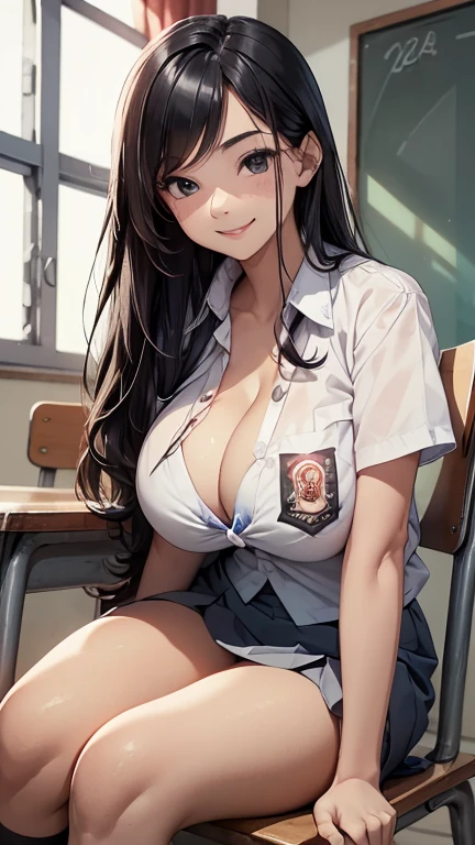 woman, , (long black hair), plump body, black eyes, Indonesian high-school uniform, (wearing transparent white shirt, showing bra), osis logo on shirt pocket, huge breasts, clelight-gred skirt, sitting on a chair, seductive pose, full body shot, smiling, in the classroom, perfect hands, perfect fingers,