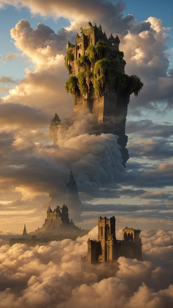 Hyper-realistic, ancient floating castle emerging from massive cumulonimbus clouds, hovering high above modern Tokyo skyline, bright daylight, clear blue sky with scattered clouds, inspired by Laputa: Castle in the Sky, enormous decaying stone structures, multiple tiers and levels, central spire, hanging gardens, waterfalls cascading from edges, massive gnarled tree growing from center, roots dangling, crumbling towers, eroded sculptures, moss and vegetation overgrowth, faint blue energy field surrounding structure, sunbeams breaking through clouds, castle casting shadow on clouds below, Tokyo skyscrapers visible in far distance below clouds, scale-breaking size dwarfing city, subtle golden glow from castle windows, wispy cloud tendrils curling around lower structures, ultra-high definition, photorealistic textures, atmospheric perspective, golden hour lighting, flying birds for scale