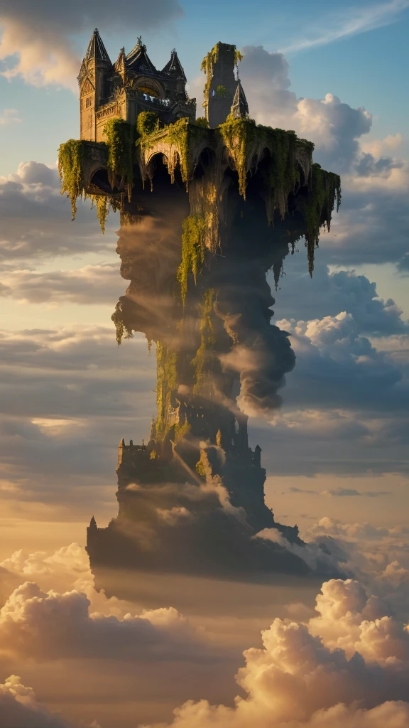 Hyper-realistic, ancient floating castle emerging from massive cumulonimbus clouds, hovering high above modern Tokyo skyline, bright daylight, clear blue sky with scattered clouds, inspired by Laputa: Castle in the Sky, enormous decaying stone structures, multiple tiers and levels, central spire, hanging gardens, waterfalls cascading from edges, massive gnarled tree growing from center, roots dangling, crumbling towers, eroded sculptures, moss and vegetation overgrowth, faint blue energy field surrounding structure, sunbeams breaking through clouds, castle casting shadow on clouds below, Tokyo skyscrapers visible in far distance below clouds, scale-breaking size dwarfing city, subtle golden glow from castle windows, wispy cloud tendrils curling around lower structures, ultra-high definition, photorealistic textures, atmospheric perspective, golden hour lighting, flying birds for scale