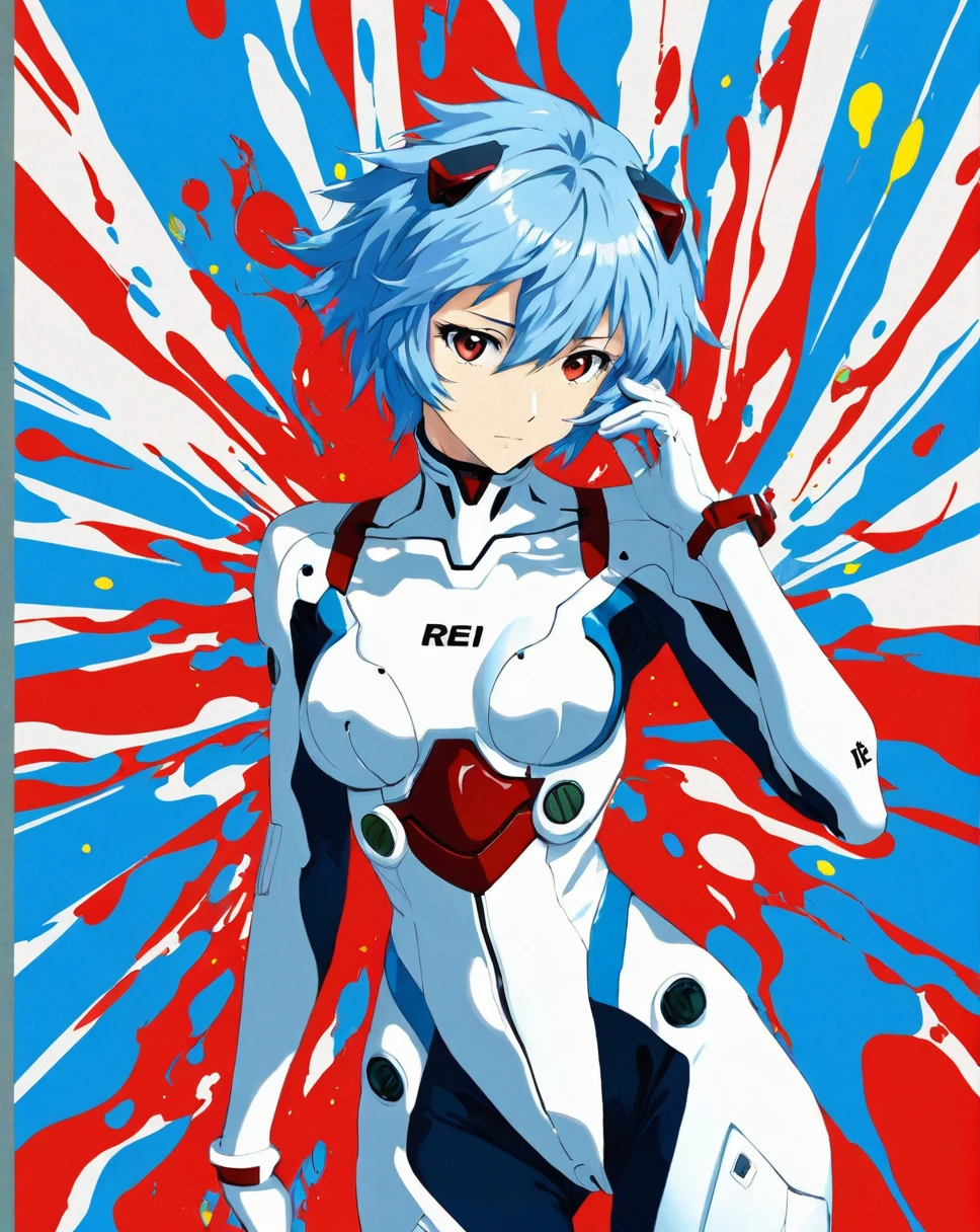(masterpiece, best quality, absurdres:1.2), Rei Ayanami wearing plugsuit, neutral expression, colorful swirly background made of paint splashes, by Hideaki Anno, wearing plugsuit, white plugsuit hair clips, light blue hair and red eyes