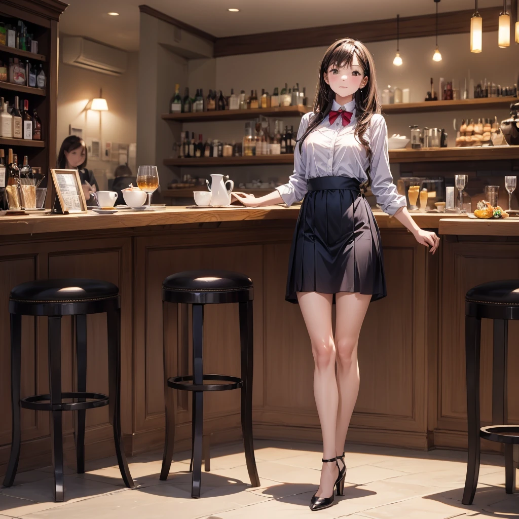 (masterpiece:1.3),(best quality, highest quality),((Full Body Shot,Including face)),girl2s,4K,masterpiece,((Focus on the face)),((Symmetrical facial features)),Beautiful woman,(slender),((High heels,Patterned stockings with straps)),Detailed depiction of the face, Cafe clerk ,In front of the bar counter,profile,Long skirt,slenderな女性,Cafe uniform,Age 25