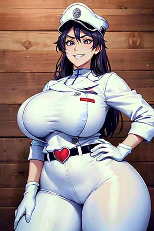 (best quality), (masterpiece), 1 girl, early 20's, huge heavy breasts, busty, massive breasts, thick, thick lips, wide hips, thin waist, white military uniform, white hat, white gloves, meaning, evil grin, detailed face, parted lips