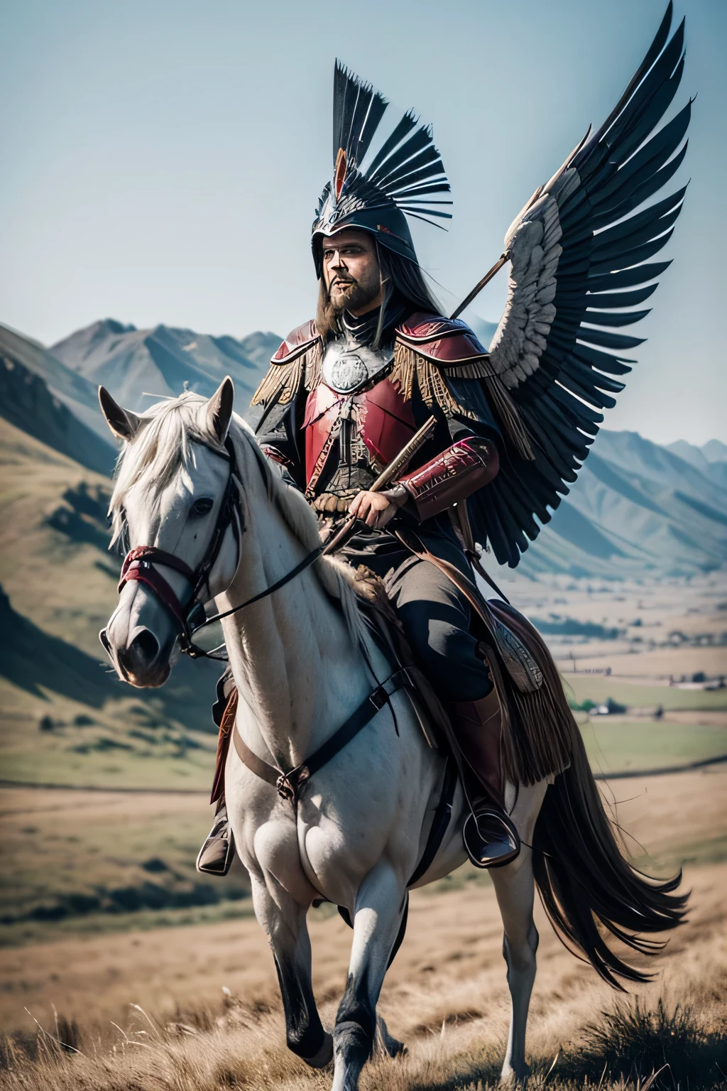 winged hussar holding a spear in one hand with white wings and a black horse in its best form on top of a hill