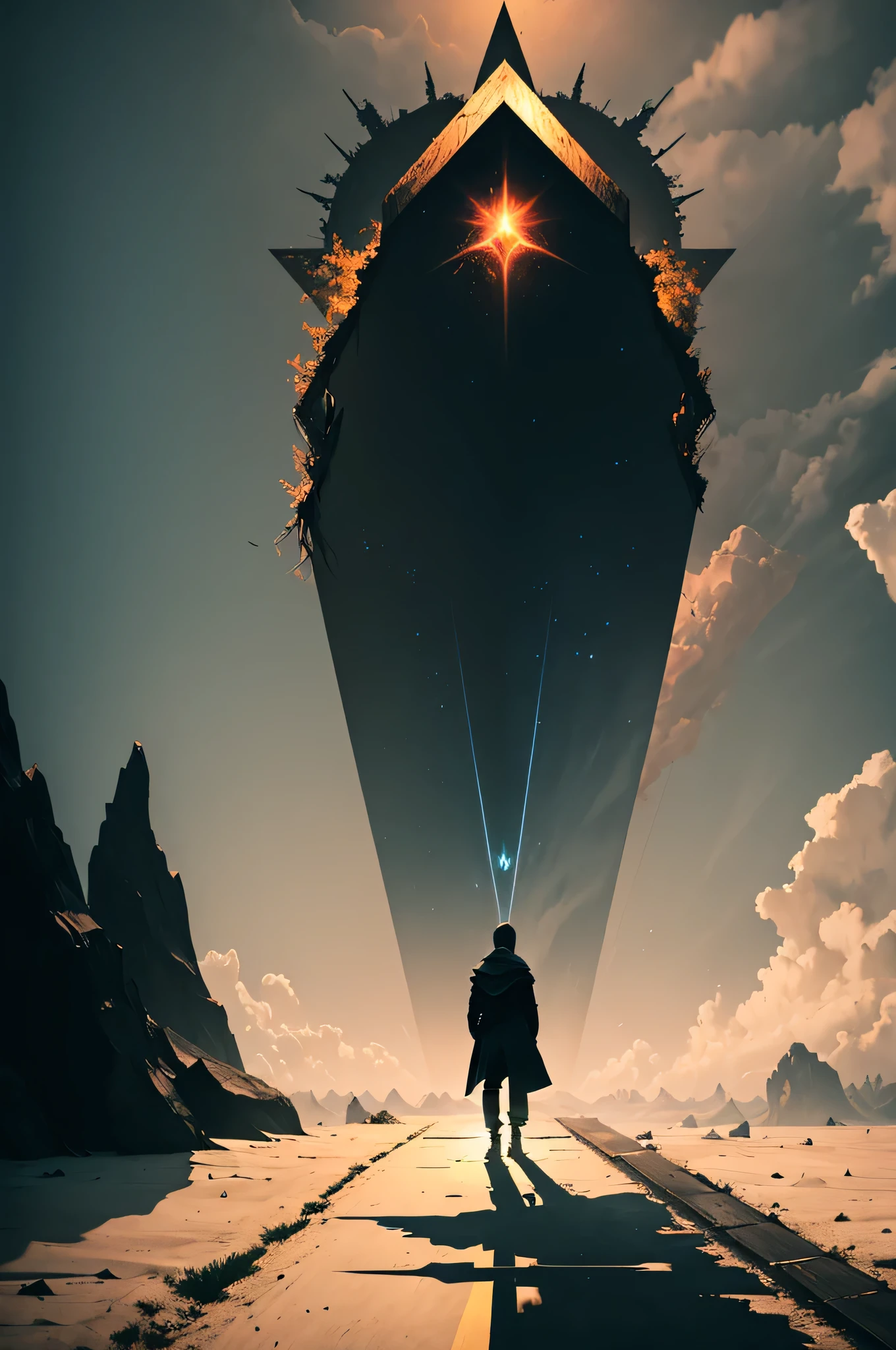 "Create a visually striking artwork that depicts a pivotal moment where a human stands at a crossroads, representing the decision of their fate. One path leads to a bright, hopeful future, while the other descends into a shadowy, uncertain realm. Incorporate elements of symbolism and emotion to illustrate the weight of choice and its impact on destiny. The scene should evoke a sense of both tension and possibility."