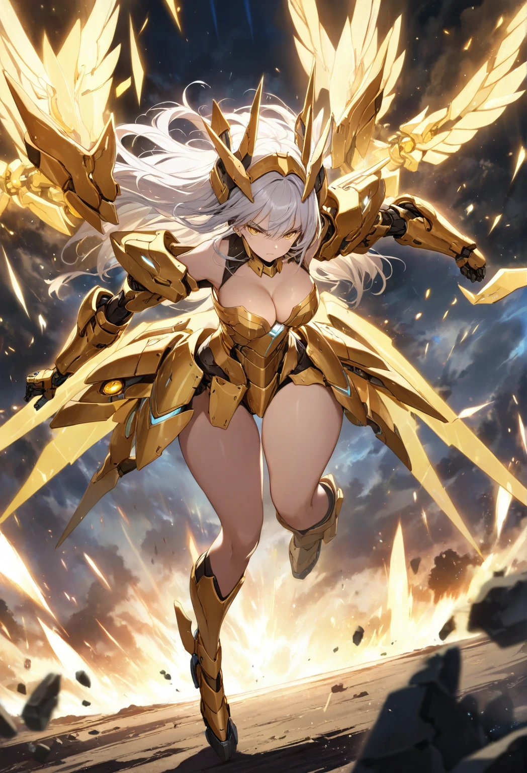 score_9_up, score_8_up, score_7_up, source_anime,masterpiece, best quality, high resolution, extremely detailed CG, absurdres, highres, 1girl, solo, a mecha girl in golden armor with glowing mecha_wings fights at battlefield, ((body surrounded by yellow Battle Aura and lighting)), wings of light, long hair, white_hair, glaring, cleavage, thighs, off-shoulder, (((Shining Armor, glittering Armor))),((mecha wings)), headgear, flying, blue sky, full body, from below, Futuristic, ((aura,Battle Aura, lighting),good_hands