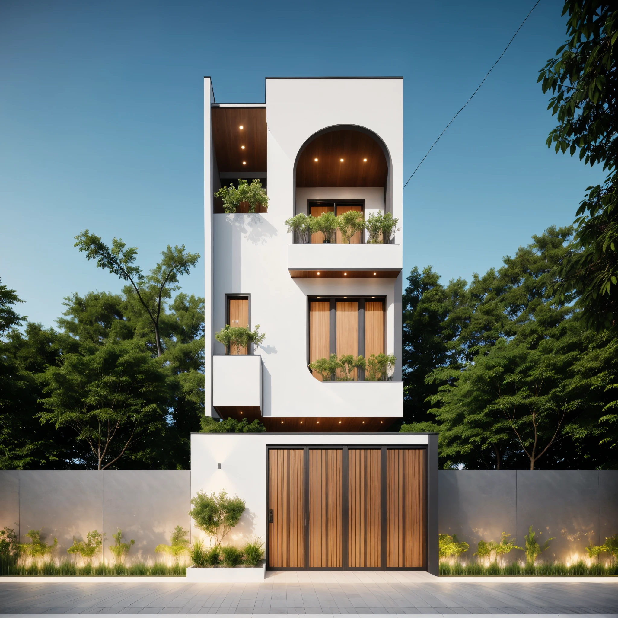 1 morden architect, main material by white wall and wood, 1large yard, 1 road runs in front of the house,  (RAW photo, real, best quality, masterpiece:1.2), look morden minimalist, 1 road in front of the house, dynamic lighting:1.3, (hyper realistic, photo-realistic:1.2), high quality, (dark lighting:1.2), perfect lighting, archdaily, no human